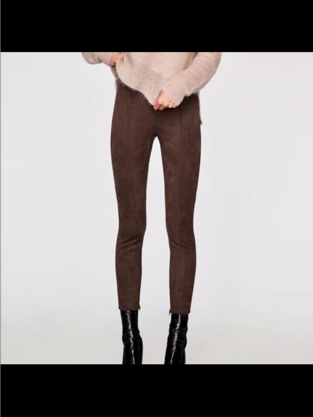 Zara Faux Suede Pants Brown XS Slim Straight Leg Side Zip